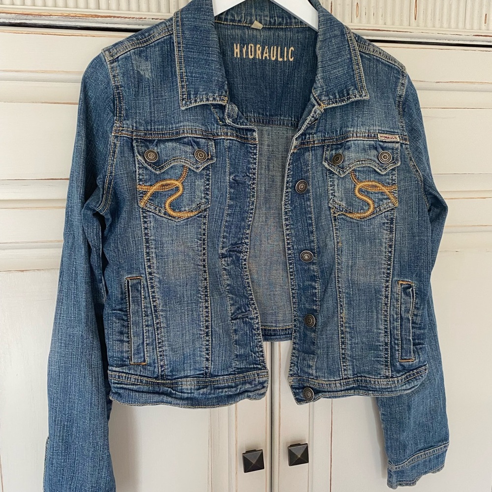Hydraulic Denim Blue Jean jacket button front Medium Festival Fall Rodeo School - Picture 2 of 8